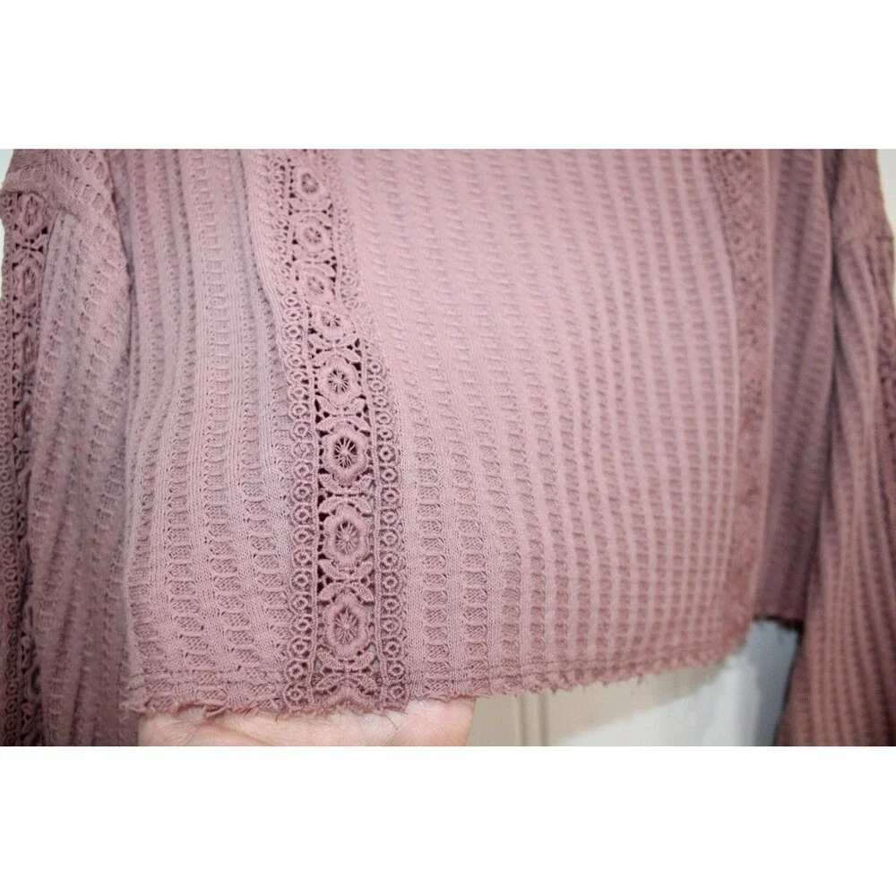 Free People Womens Waffle Knit Lace Crop Top Pink Boho‎ Long Sleeve Textured S